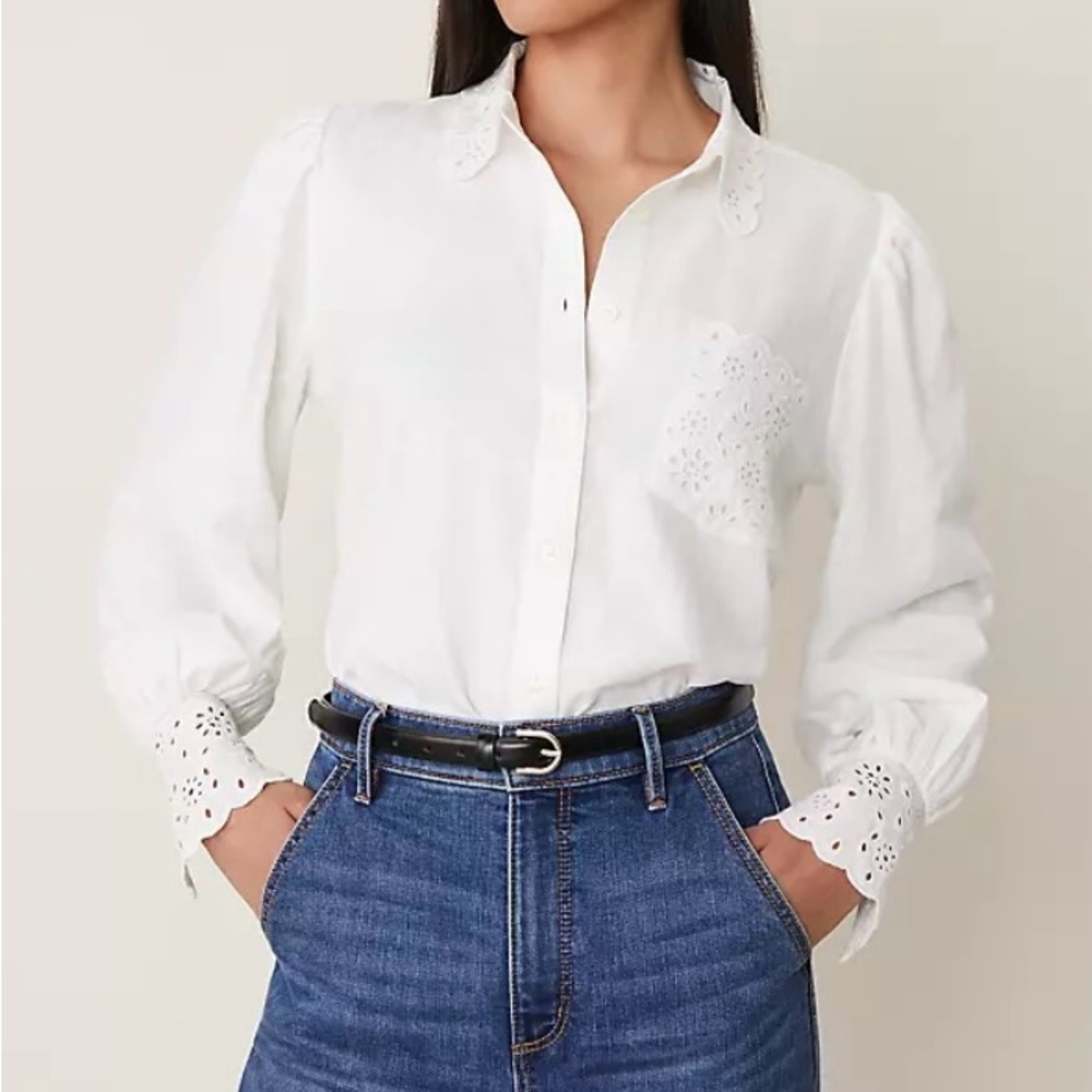 Ann Taylor Elegant White Eyelet Blouse Classic Size M NWT - Picture 2 of 15